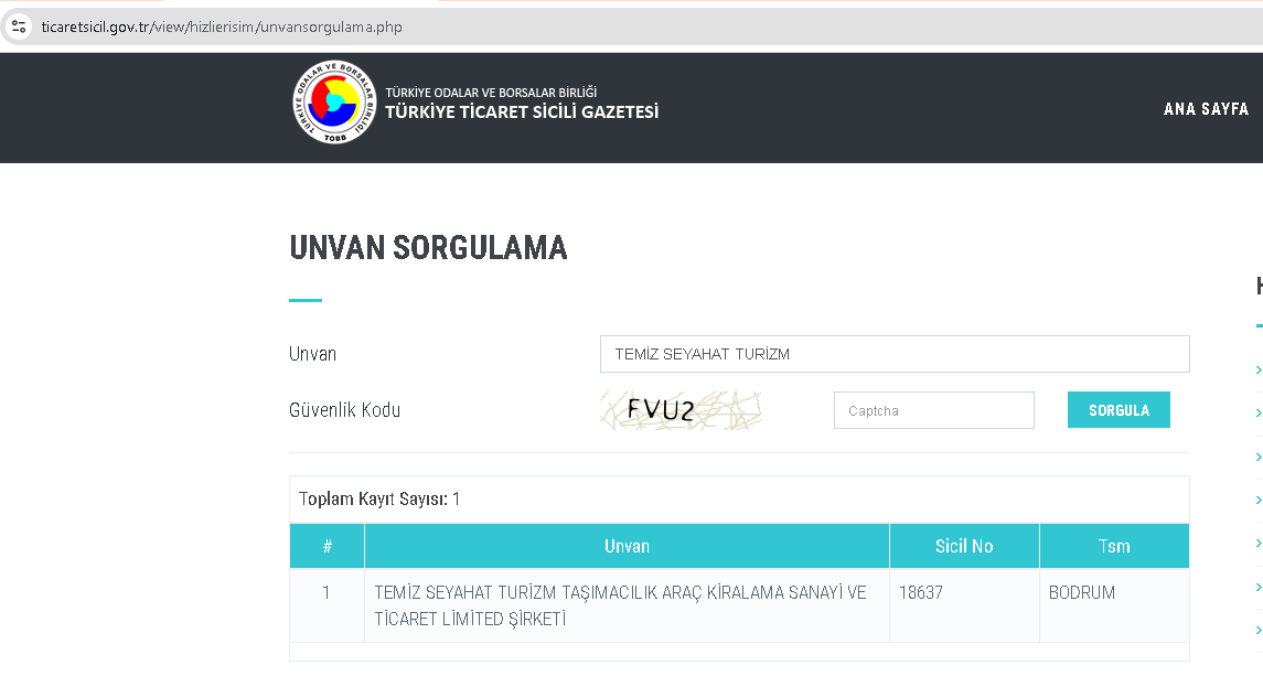 Türkiye Ticaret Sicili Gazetesi Kayıt Ekranı