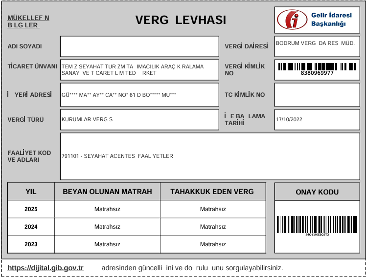 Gelir İdaresi Başkanlığı Vergi Levhası